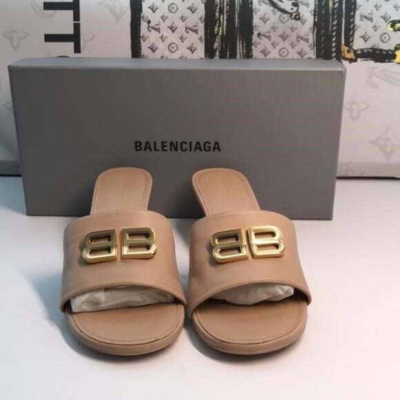 New Authentic Balenciaga BB Logo Leather Mules – Nude/Beige - Picture 6 of 11